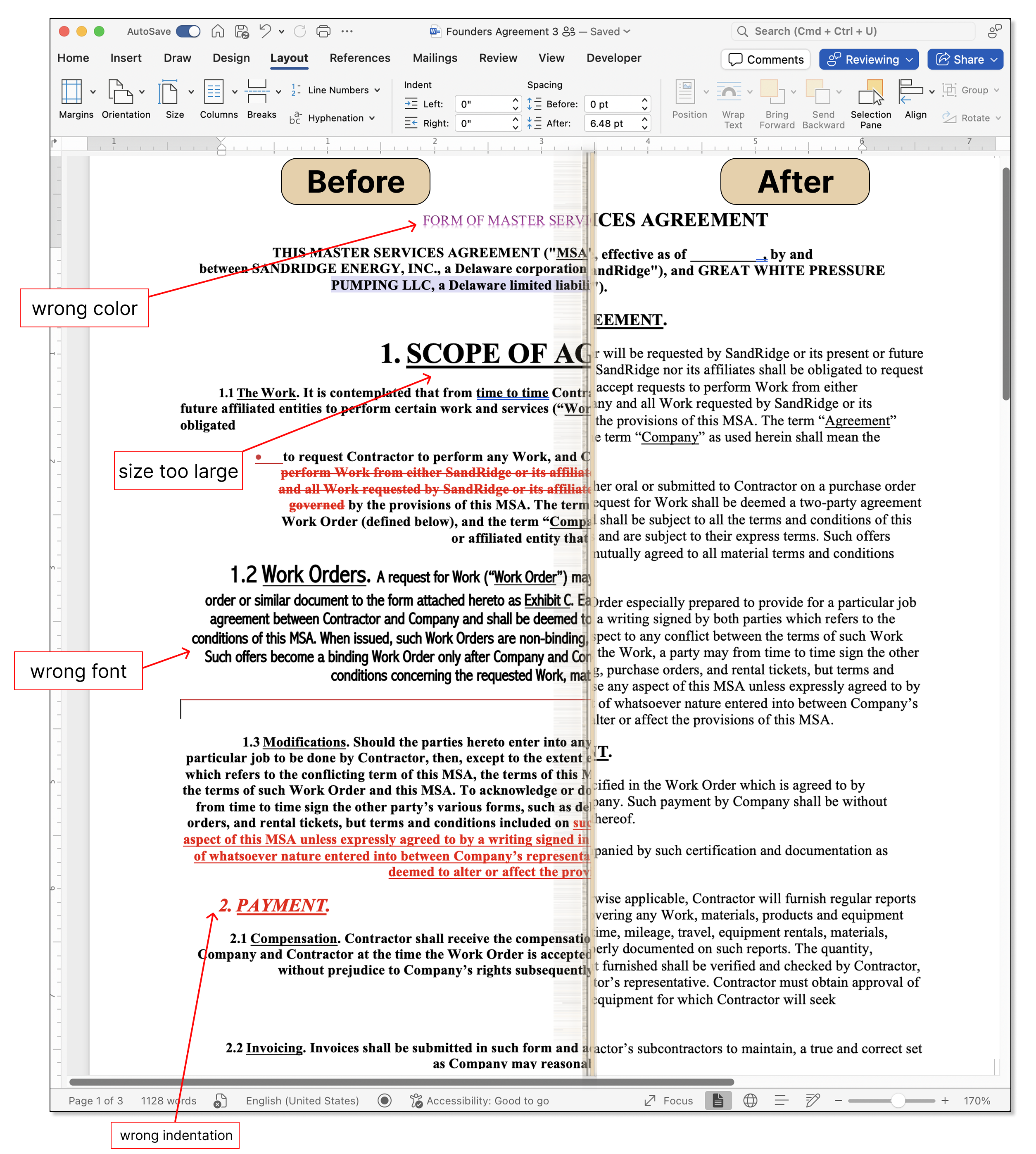 A Word contract in SquarePact: messy AI-broken formatting on the left, clean tracked-change result on the right