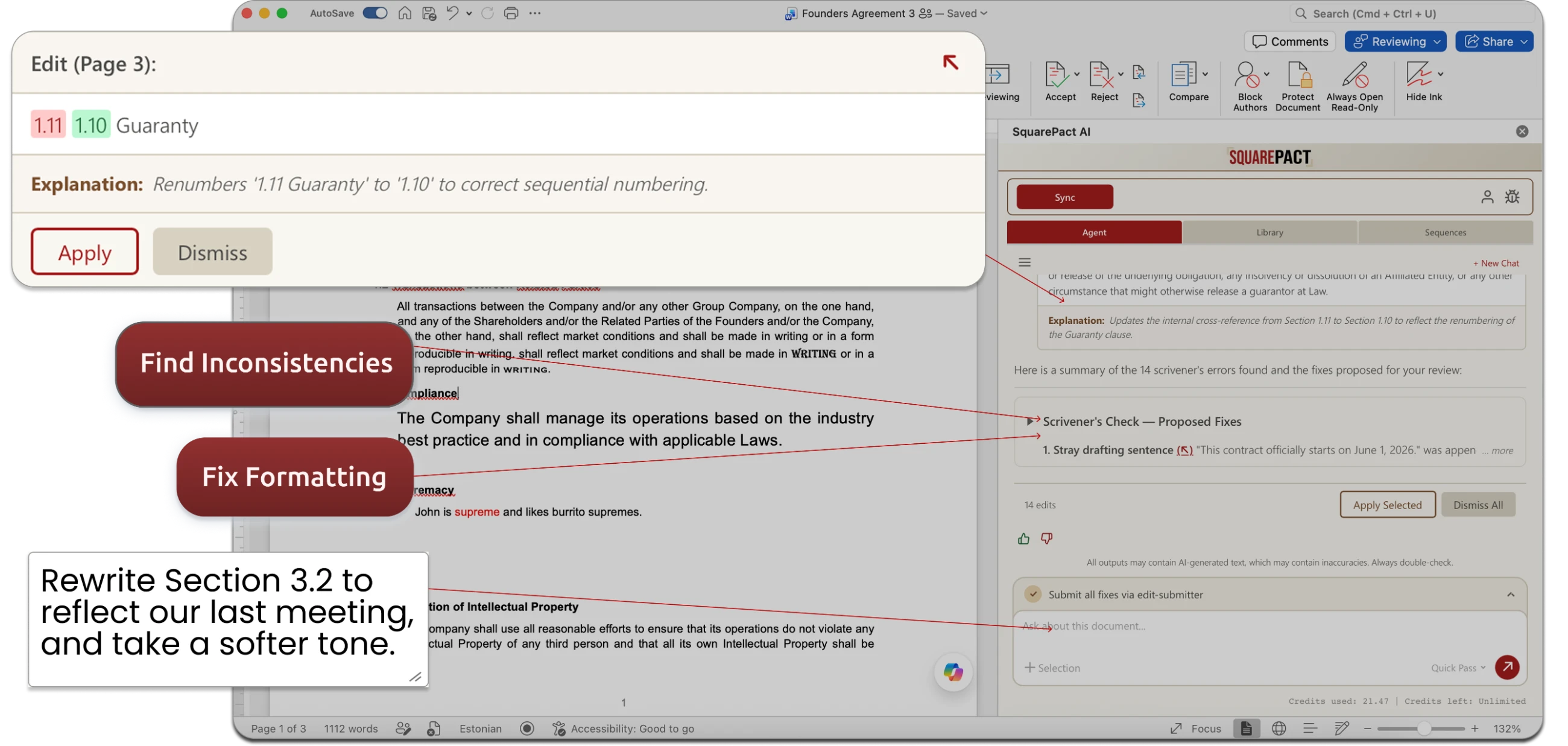 SquarePact running an OpenClaw agent inside Microsoft Word