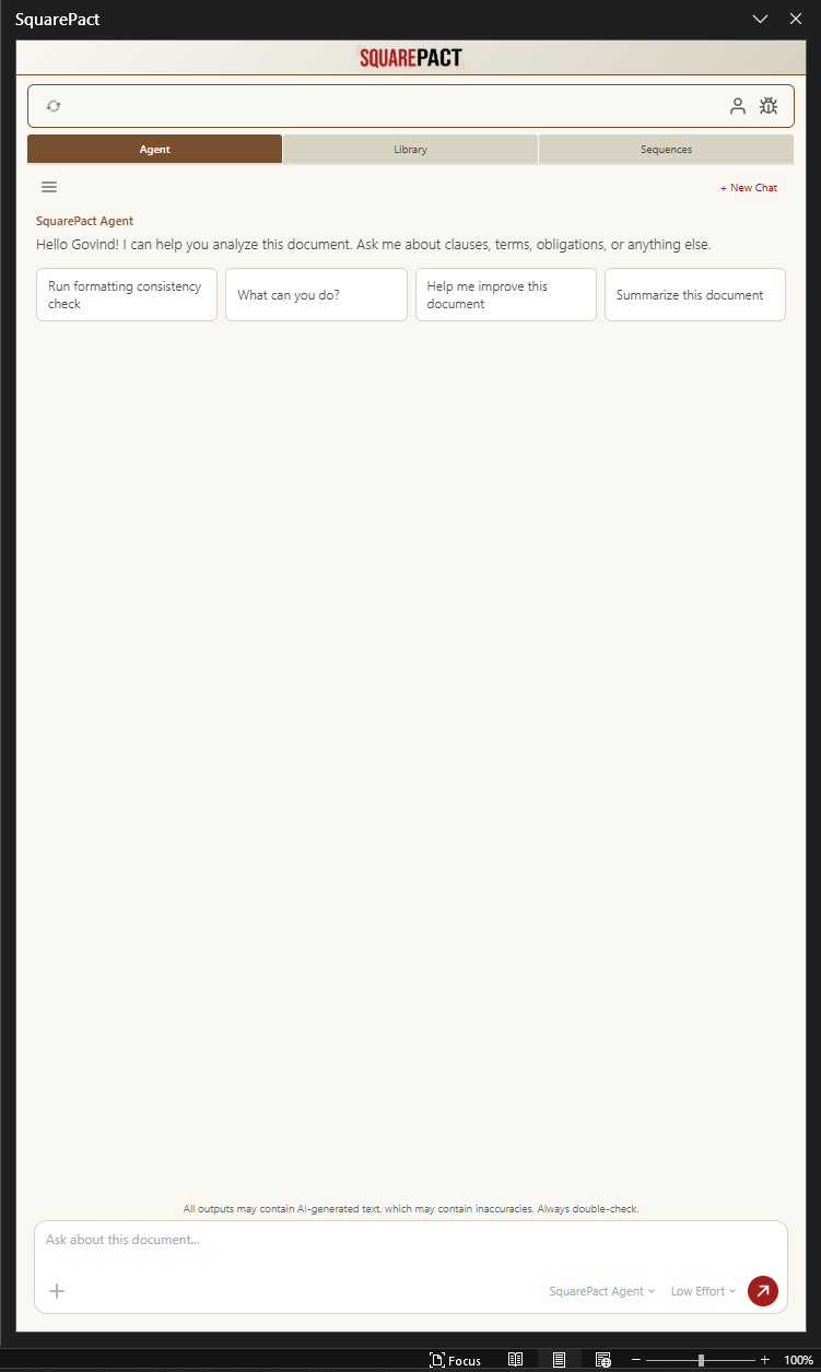 The SquarePact agent chat inside the Microsoft Word task pane