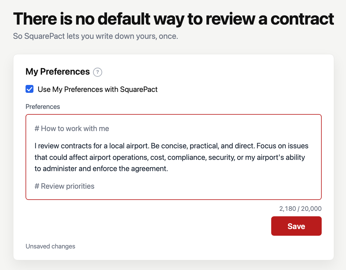 My Preferences — there is no default way to review a contract