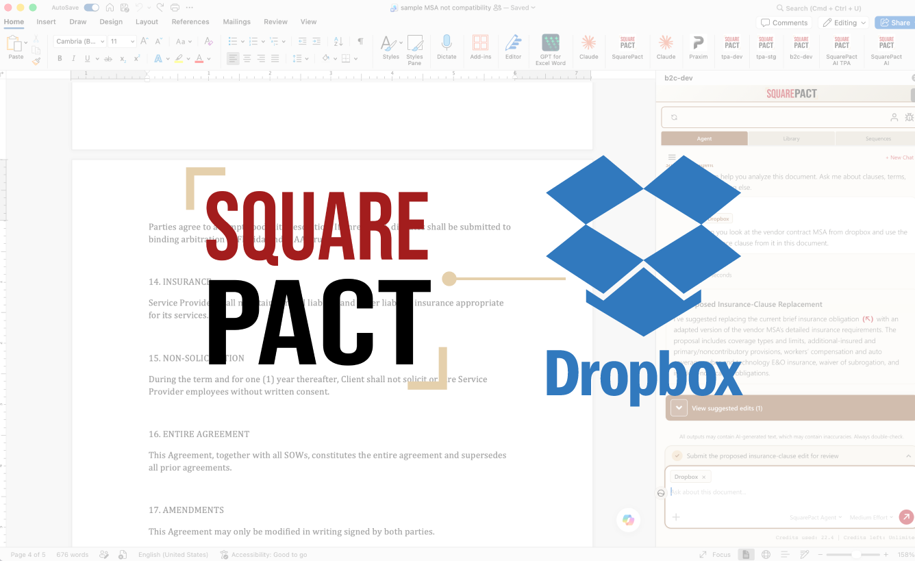 SquarePact proposing an insurance-clause replacement in Microsoft Word using a vendor contract from Dropbox