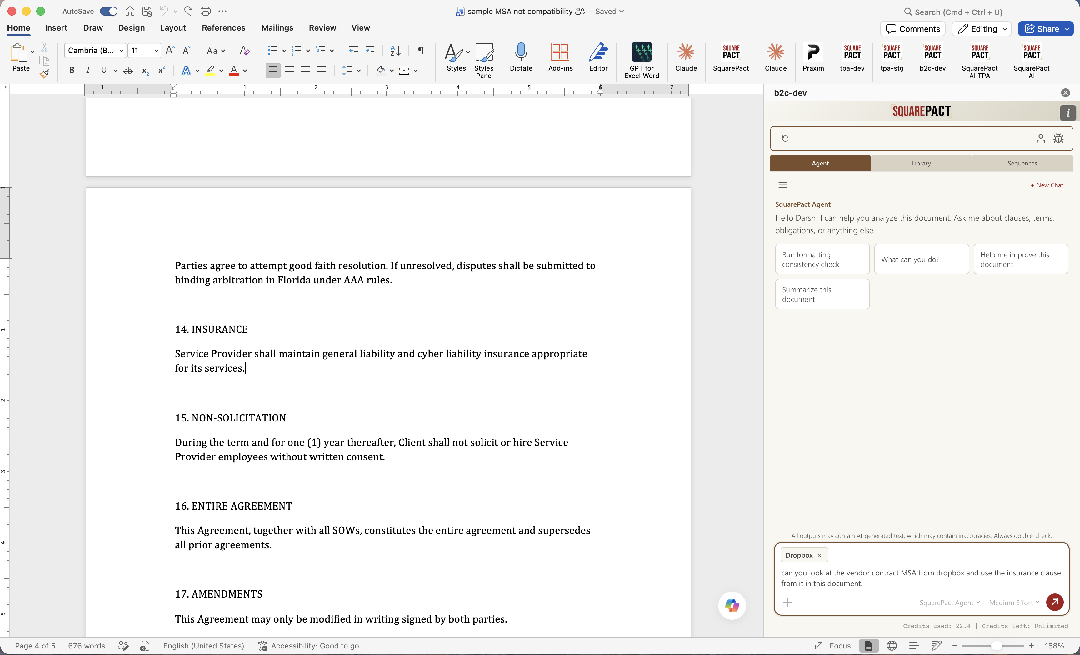 Dropbox attached to a SquarePact request to use an insurance clause from a vendor contract