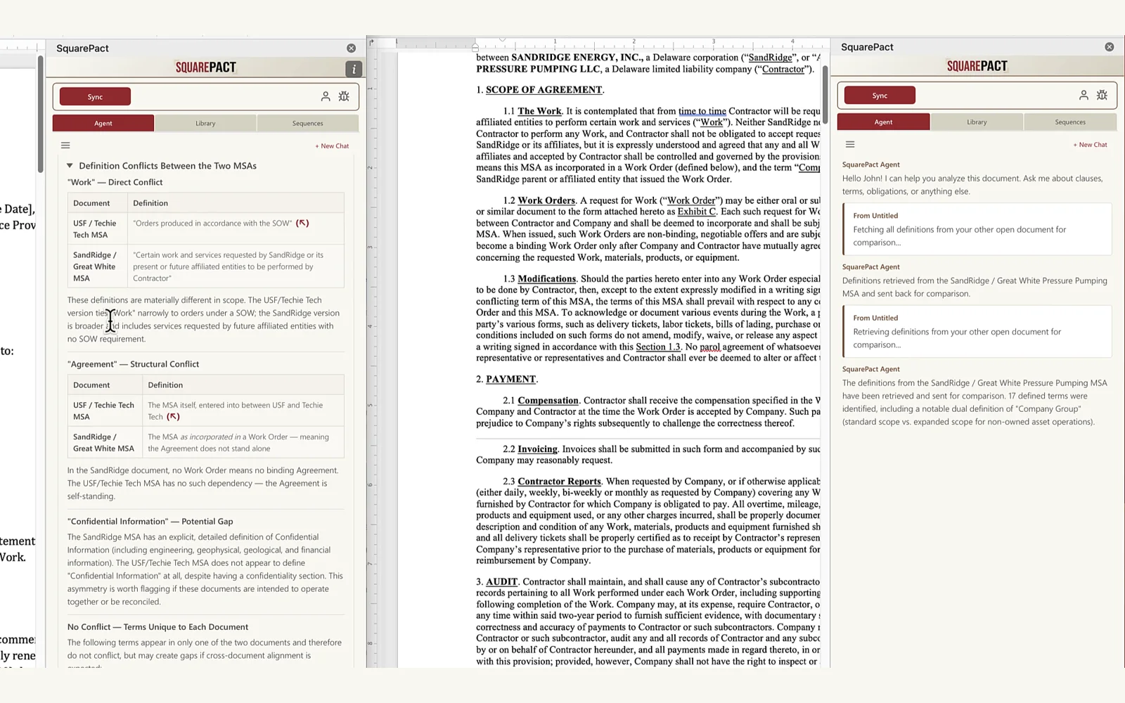 SquarePact comparing definitions across two open Microsoft Word documents